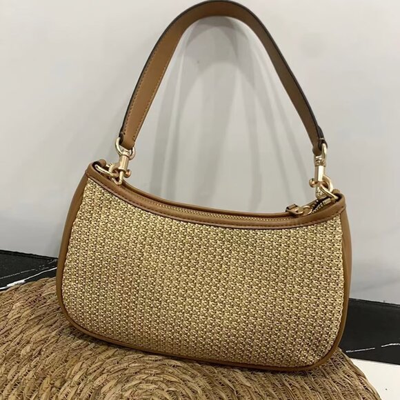Coach Teri 2way Shoulder Bag Crossbody Straw Smooth Leather Latte Multi CR350 - Picture 3 of 7